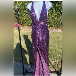 Purple Sequin Plunge Maxi Gown for Prom